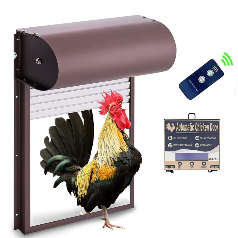 foto del prodotto porta automatica per pollaio, porta a tapparella, porta automatica per pollaio in alluminio con display a led, sensore di luce, telecomando,