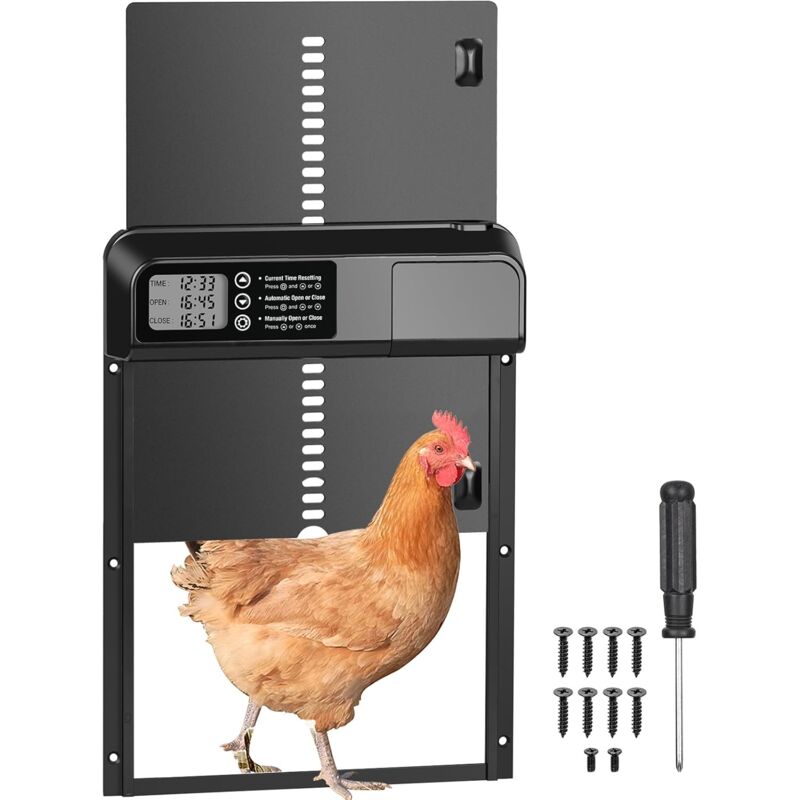 foto del prodotto porta automatica per pollaio, porta automatica per pollaio, sportello per pollaio con timer serale e mattutino, alluminio, schermo lcd programmabile
