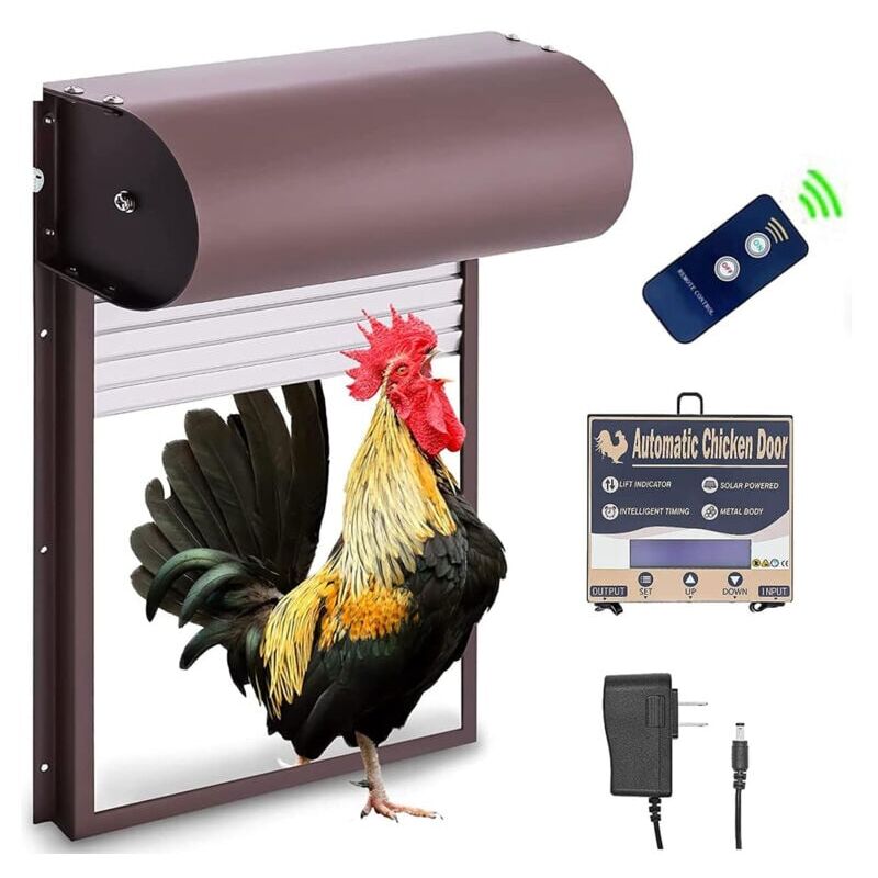 foto del prodotto porta automatica per pollaio, porta automatica programmabile per pollaio, tenda a rullo in metallo motorizzata, porta per pollaio, modalit multiple,