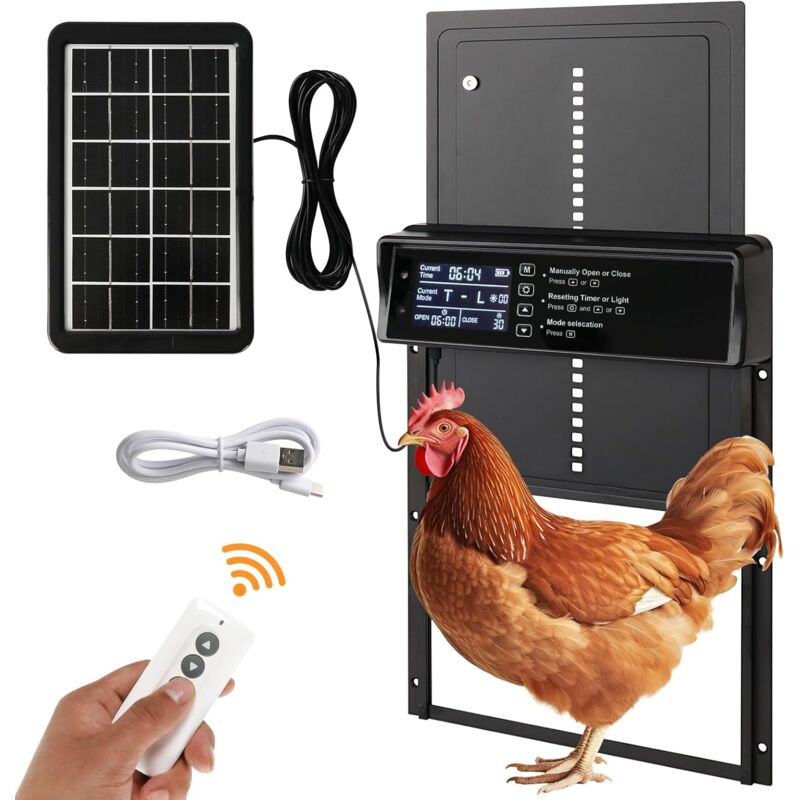 foto del prodotto porta automatica per pollaio, porta solare automatica per pollaio, sportello per pollaio con timer serale e mattutino, alluminio, schermo lcd