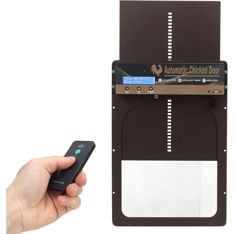 foto del prodotto porta automatica per pollaio, sensore di luce, timer e telecomando, apriporta per pollaio, porta per polli autobloccante impermeabile in lega di