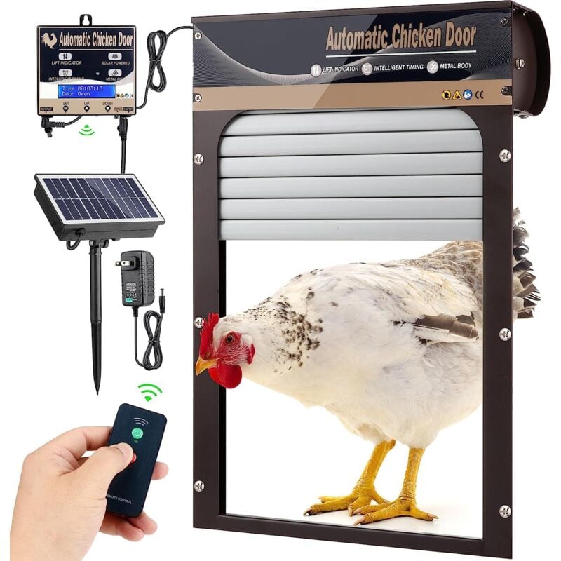 foto del prodotto porta automatica per pollaio solare con antipizzicamento, tapparella, porta elettrica con sensore di luce, controllo timer, telecomando