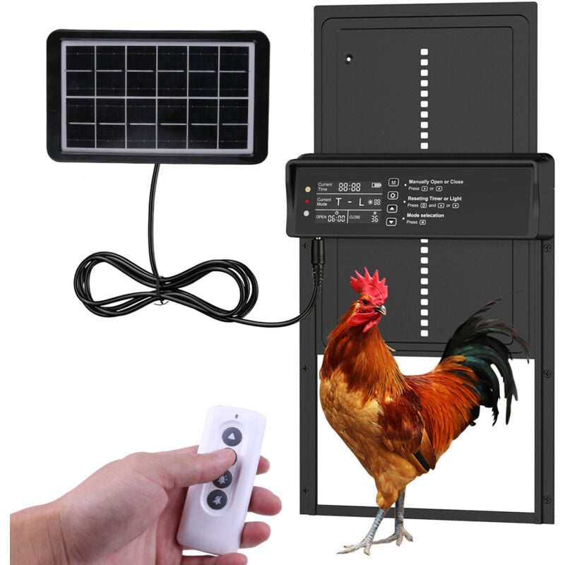 foto del prodotto porta automatica per pollaio solare, porta automatica per pollaio in alluminio con schermo lcd programmabile, telecomando, anti pizzicamento, porta