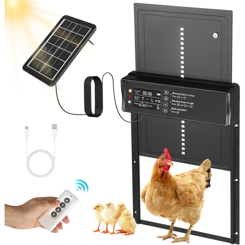 foto del prodotto porta automatica per pollaio solare, porta automatica per pollaio in alluminio con schermo lcd programmabile, telecomando, anti pizzicamento, porta