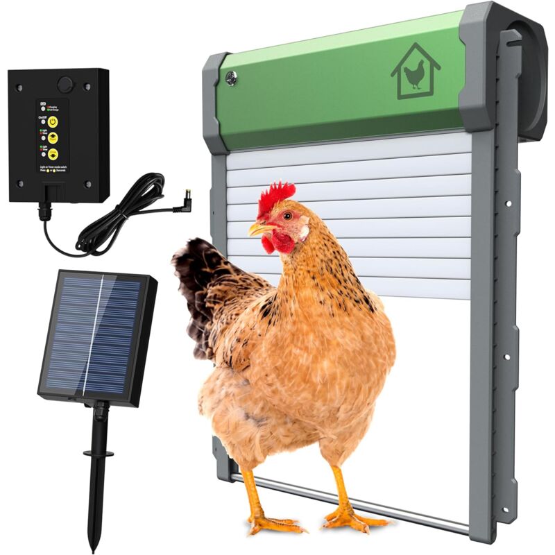 foto del prodotto porta automatica per pollaio ymyny ad energia solare, impermeabile con sensore di luce, timer serale e mattutino, in alluminio, per un allevamento