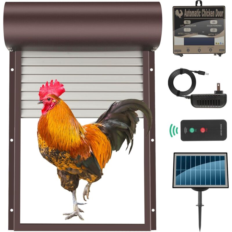 foto del prodotto porta automatica solare per gabbie per polli, porta per gabbie per polli con pannello solare e telecomando. recinto per polli e anatre completamente