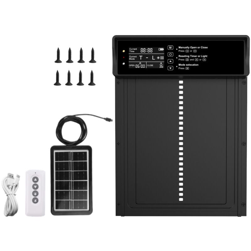 foto del prodotto porta automatica solare per pollaio, porta automatica orizzontale per pollaio, porta in alluminio con sensore di luce, display led, timer,