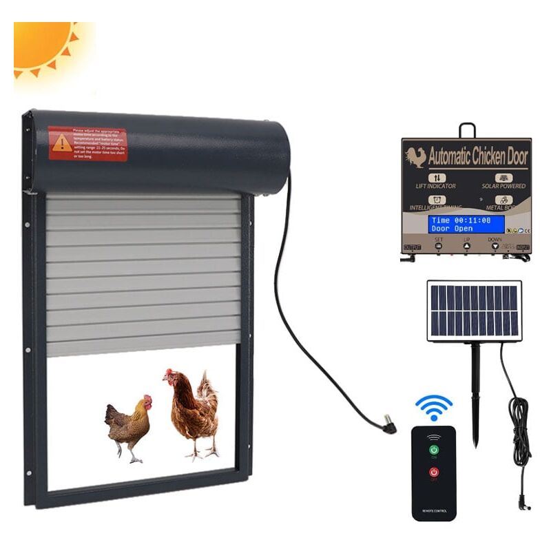foto del prodotto porta automatica solare per pollaio, porta automatica solare in lega di alluminio per pollaio, sensore di luce, timer, telecomando, grigio ej.life