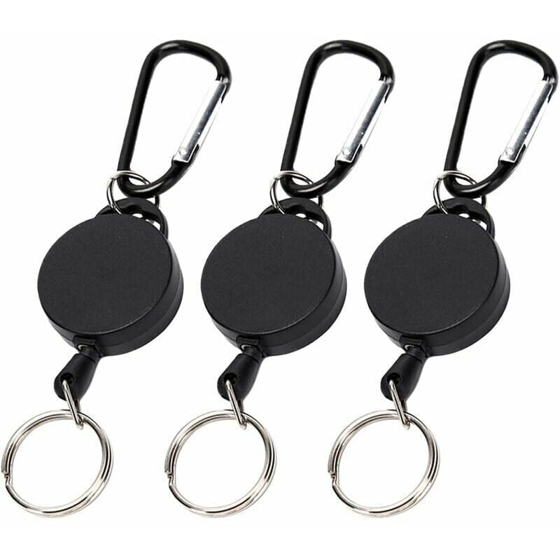 foto del prodotto porta badge, portachiavi retrattile da 3 pezzi, moschettone con bobina telescopica, estensibile, cordino in acciaio, nero ymyny