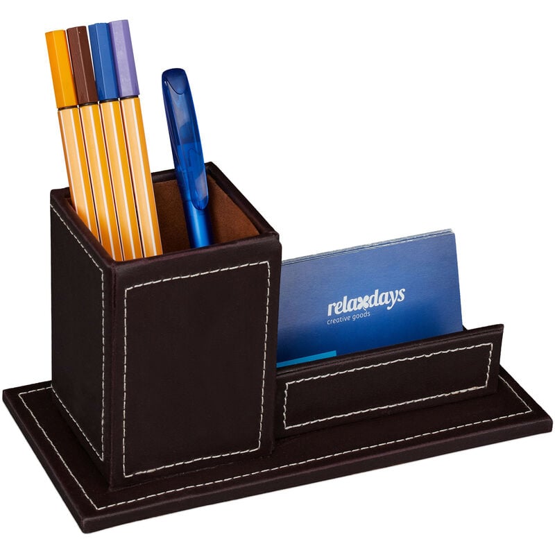 foto del prodotto porta biglietti da visita da scrivania organizer ufficio, portapenne in similpelle, hlp 10,5x20x10 cm, marrone relaxdays