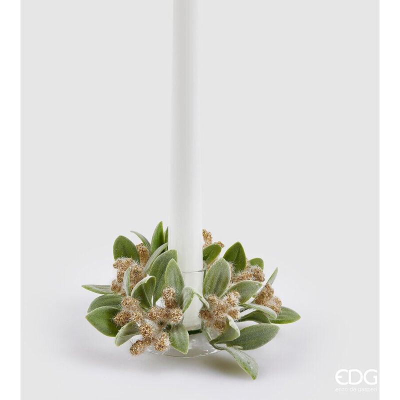 foto del prodotto porta candele con corona di foglie verdi, di 11 per decorazioni natalizie