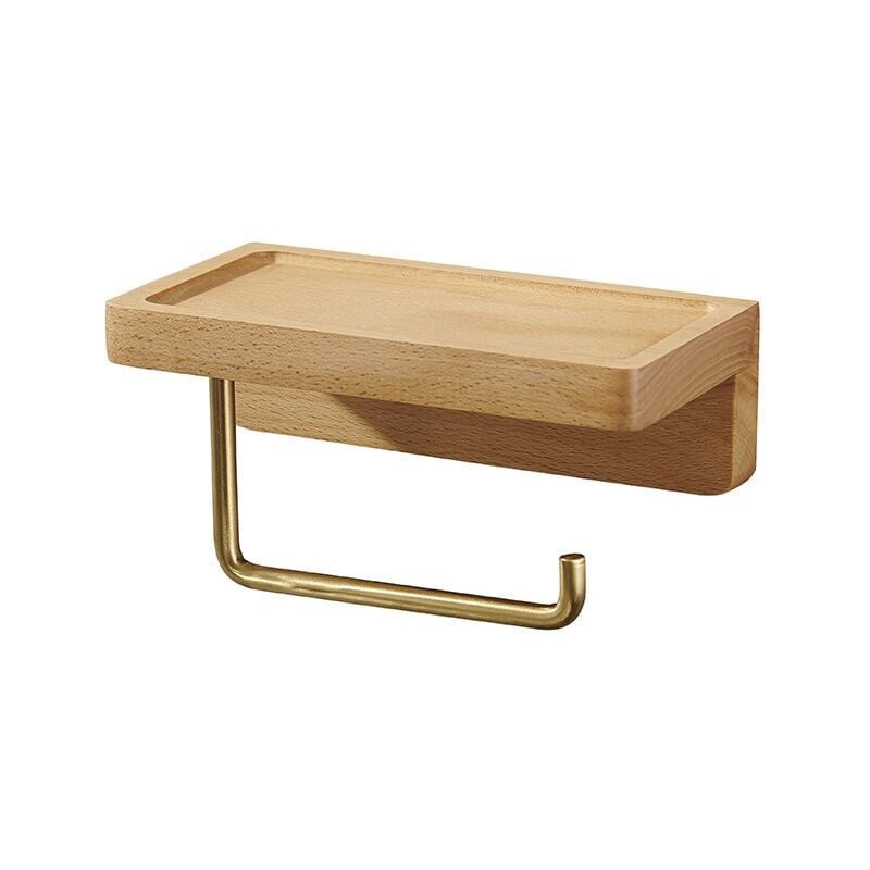 foto del prodotto porta carta igienica a doppia installazione, dispenser in legno massello di faggio, porta carta igienica a parete, autoadesivo, porta rotolo di carta