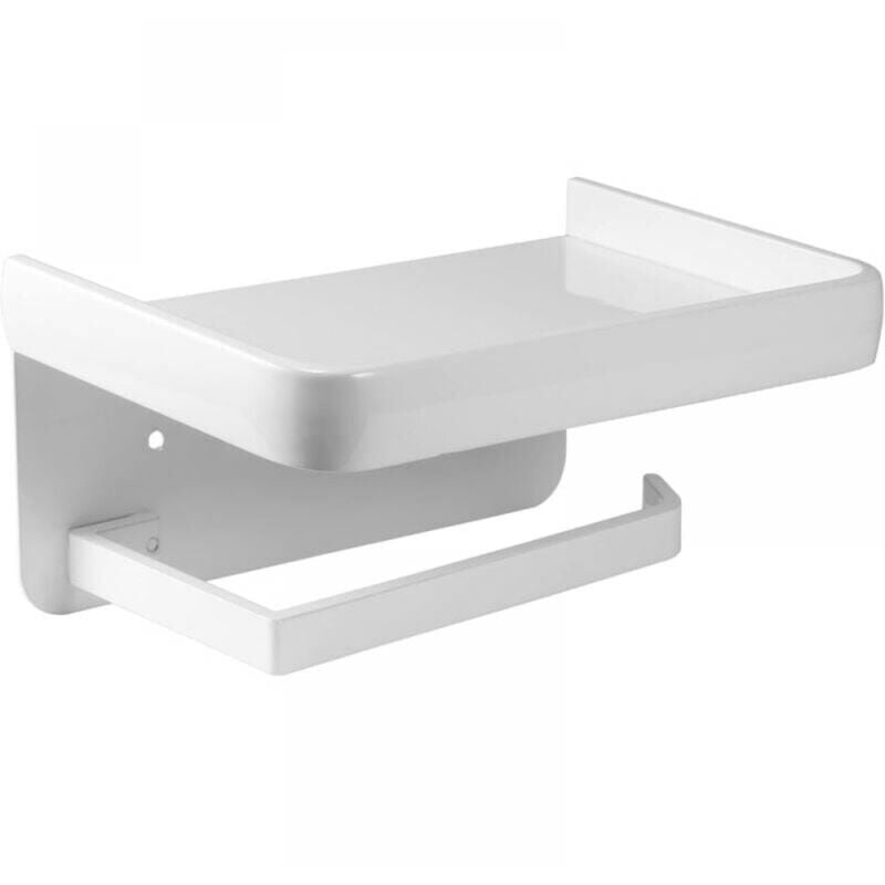foto del prodotto porta carta igienica a parete bianco con vano portaoggetti in alluminio per bagno e cucina