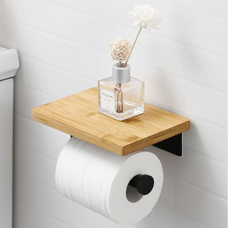 foto del prodotto porta carta igienica adesivo con ripiano in bamb porta rotolo carta igienica senza foratura in acciaio inox sus304 nero opaco, bph220badm bk