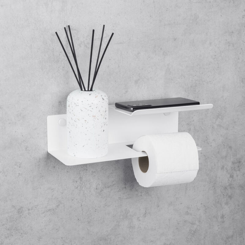 foto del prodotto porta carta igienica con mensola, in acciaio inox, bianco, sinistra, line flex daske