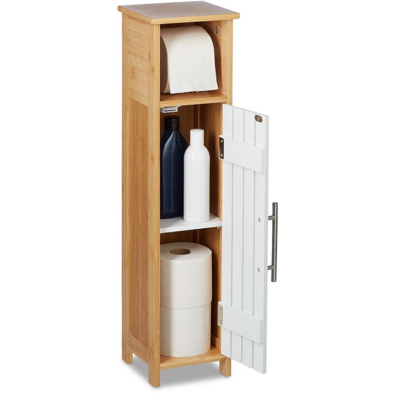 foto del prodotto porta carta igienica da bagno, mobiletto autoportante da appoggiare, mdf e bamb , 71x18x20 cm, marrone bianco relaxdays