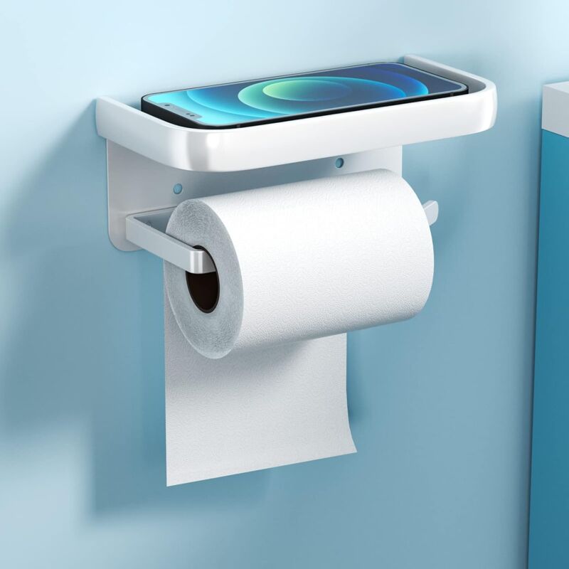 foto del prodotto porta carta igienica da parete adesivo porta rotolo carta igienica in alluminio bianco con ripia per cucina bagno