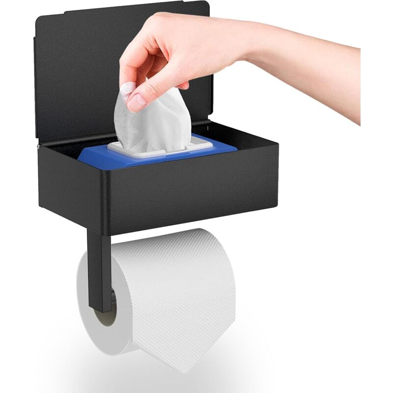 foto del prodotto porta carta igienica da parete senza foratura con ripiani e contenitore per salviette umidificate, porta rotolo di carta igienica autoadesivo nero