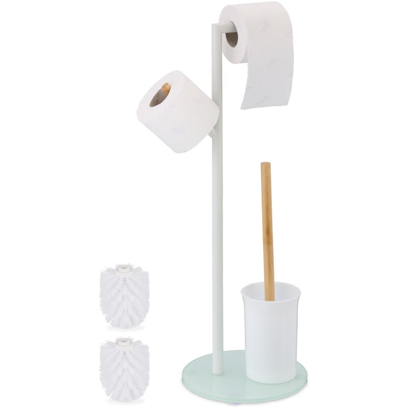foto del prodotto porta carta igienica da terra con scopino wc, piantana rotolo e scopettone salvaspazio per il bagno, bianco relaxdays
