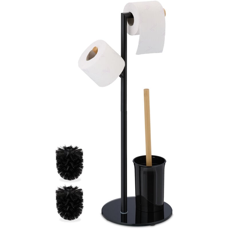 foto del prodotto porta carta igienica da terra con scopino wc, piantana rotolo e scopettone salvaspazio per il bagno, nero relaxdays
