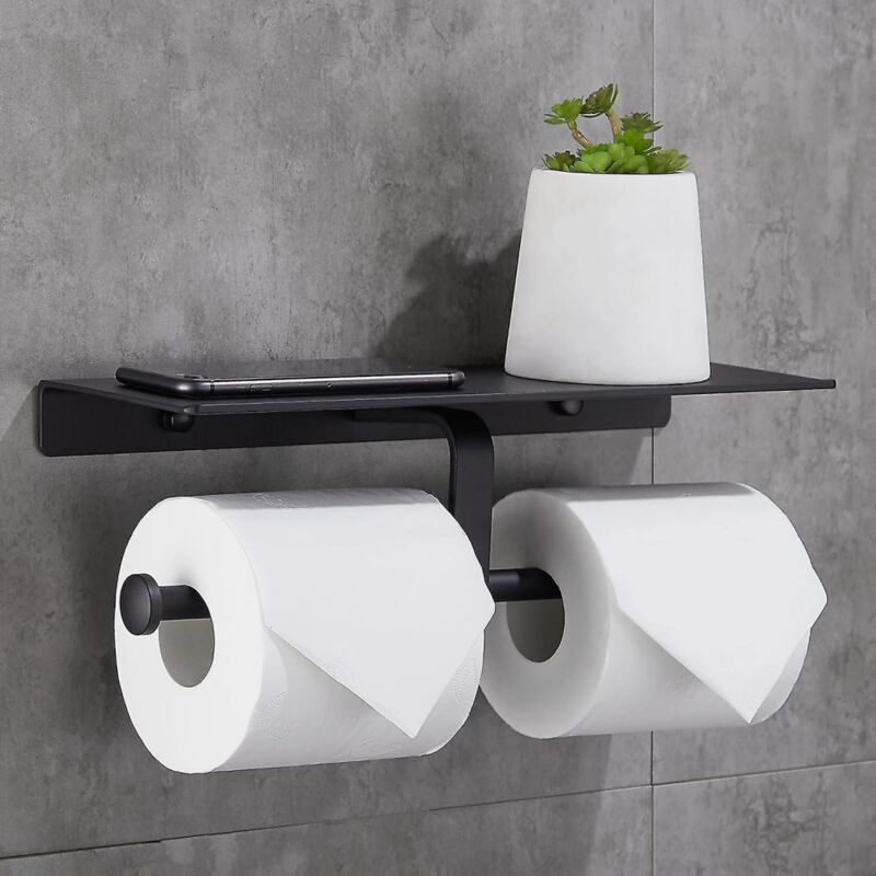 foto del prodotto porta carta igienica igienico senza foratura, con ripiano per cellulare, doppio supporto a parete per bagno nero bebusingoto