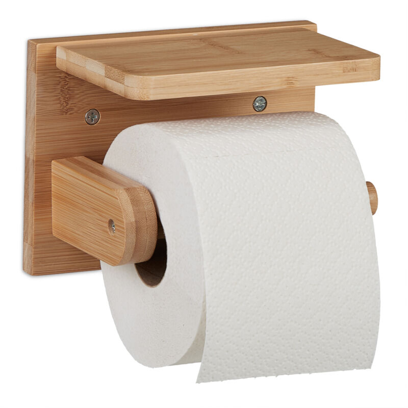 foto del prodotto porta carta igienica per il bagno, con ripiano, 12x16x10 cm, da muro, portarotolo da parete bamb , naturale relaxdays
