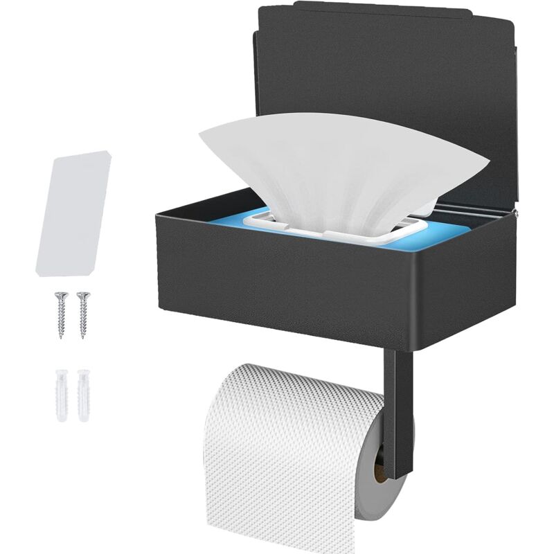 foto del prodotto porta carta igienica ymyny da parete, colore nero, in acciaio inox con ripiani spaziosi, per bagno e cucina.