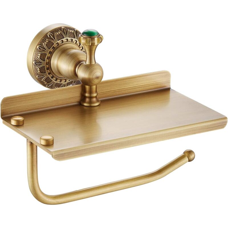 foto del prodotto porta carta igienica ymyny in ottone massiccio, porta rotolo di carta igienica da parete, porta fazzoletti con ripiano per cellulare, finitura in
