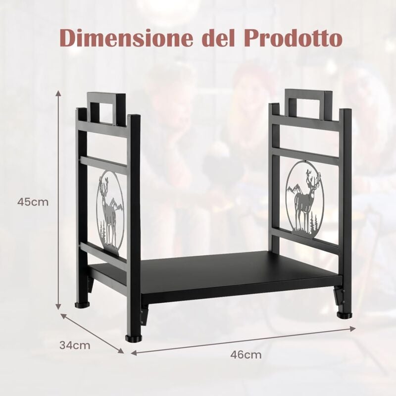 foto del prodotto porta ceppi in ferro, base rialzata e piedini regolabili, portalegna decorativi, per terrazza, patio, interni ed esterni, 46 x 34 x 45 cm, nero