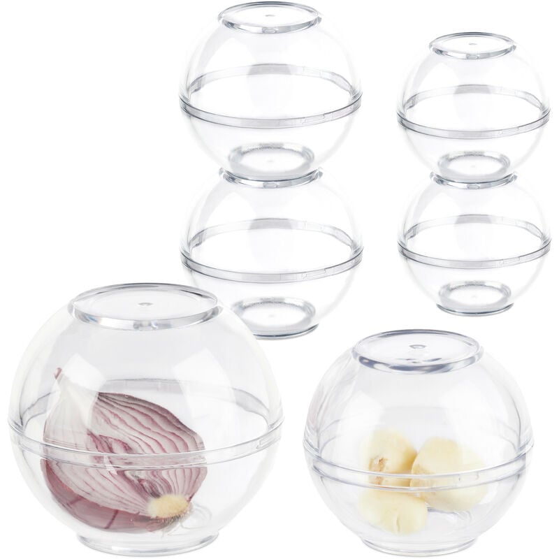 foto del prodotto porta cipolla, set 6 contenitori salvacipolla e aglio, food saver da frigo, in plastica, 7 e 9 cm,trasparente relaxdays
