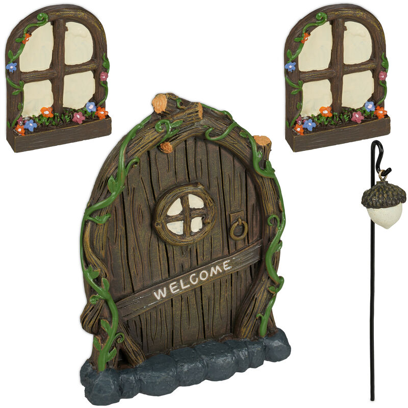 foto del prodotto porta delle fate, set, 2 finestre incantate 1 fairy door 1 lanterna, resiste intemperie, per tronchi, colorato relaxdays