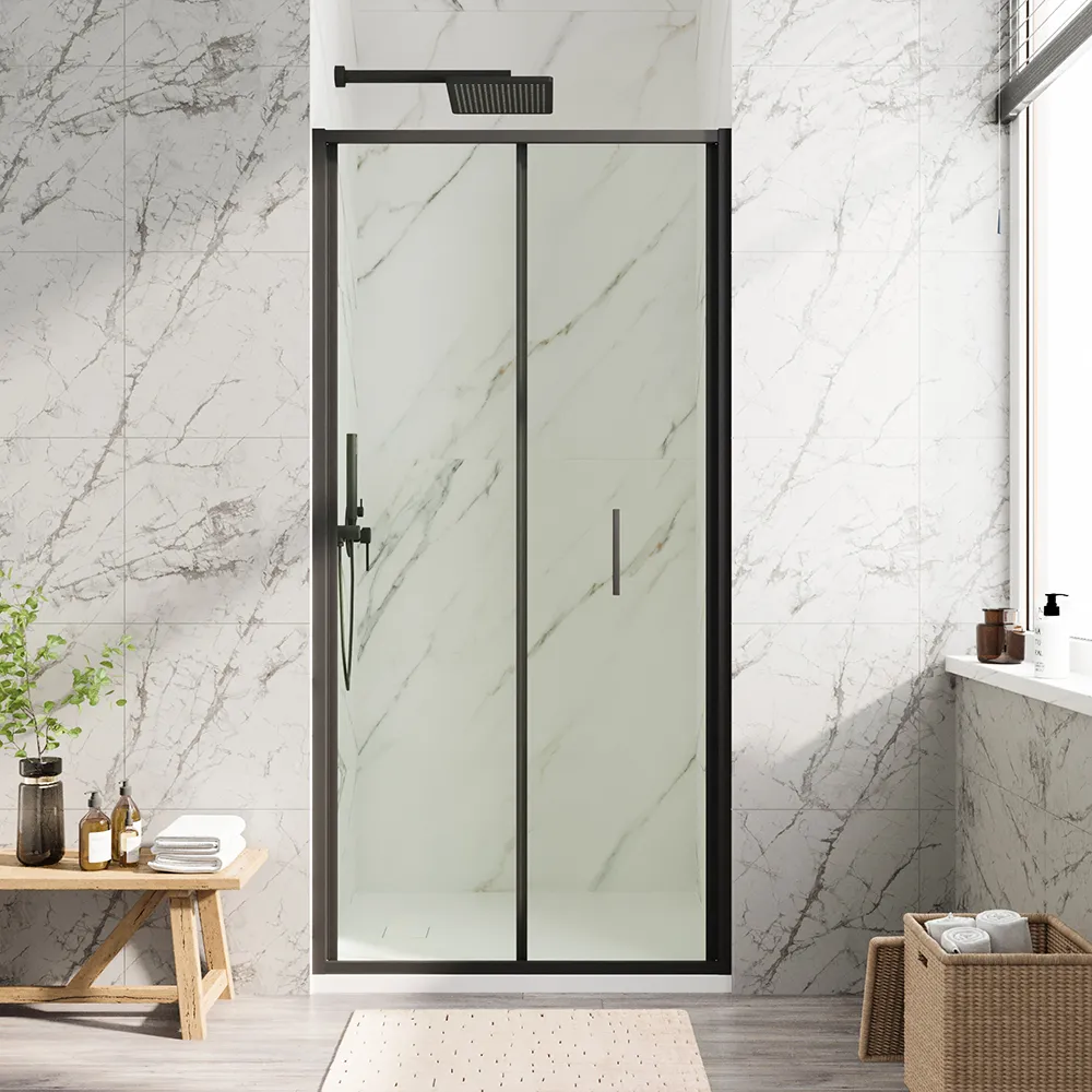 foto del prodotto porta doccia 100cm con apertura a libro profili slim nero opaco vetro 6mm trasparente h190 portofino