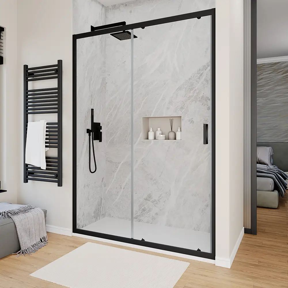 foto del prodotto porta doccia 150 cm scorrevole profili nero opaco vetro 6mm trasparente h190 sicily