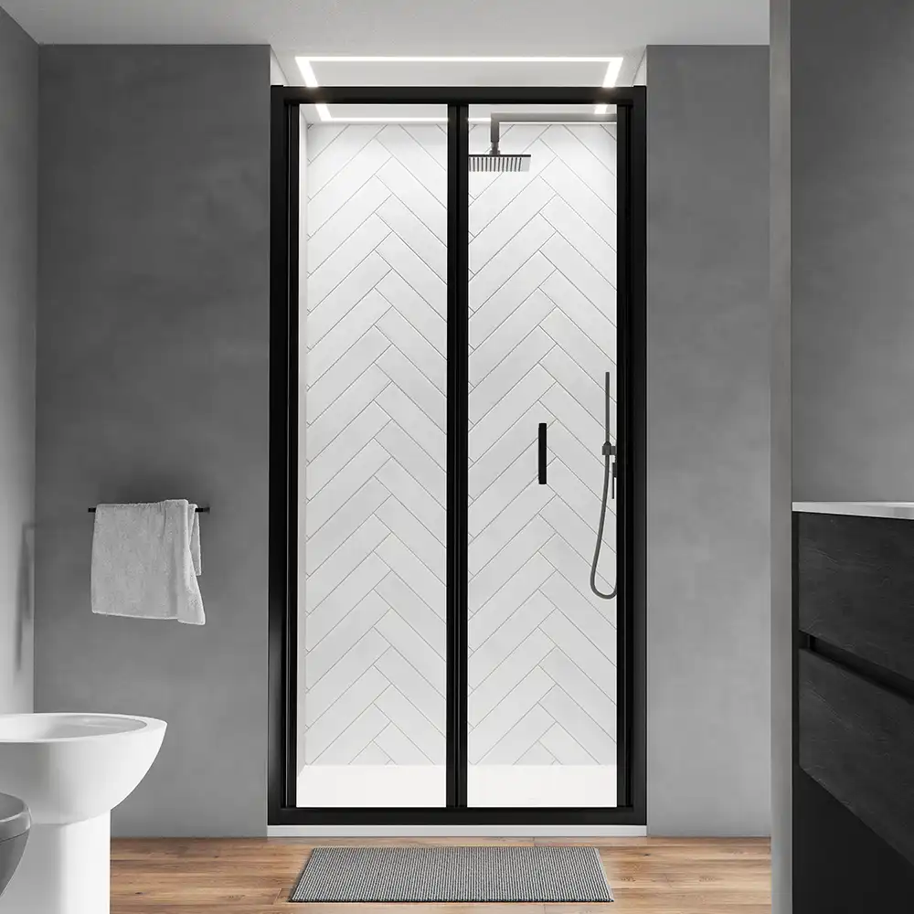 foto del prodotto porta doccia 90 cm profili nero opaco apertura a libro vetro trasparente capri