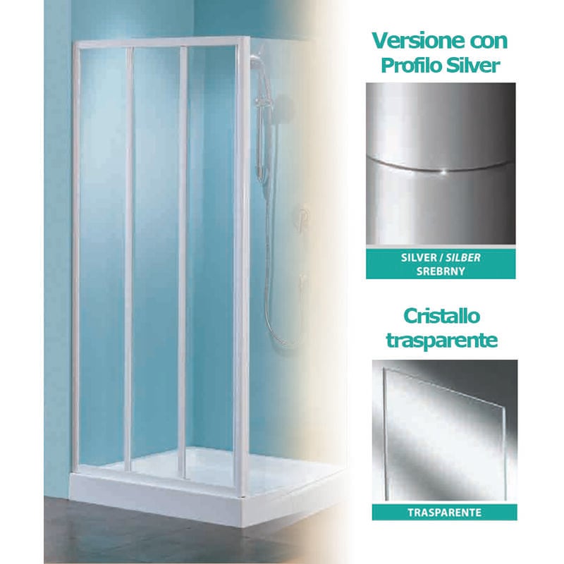 foto del prodotto porta doccia a 3 ante scorrevoli tris p 85 profilo silver cristallo trasparente