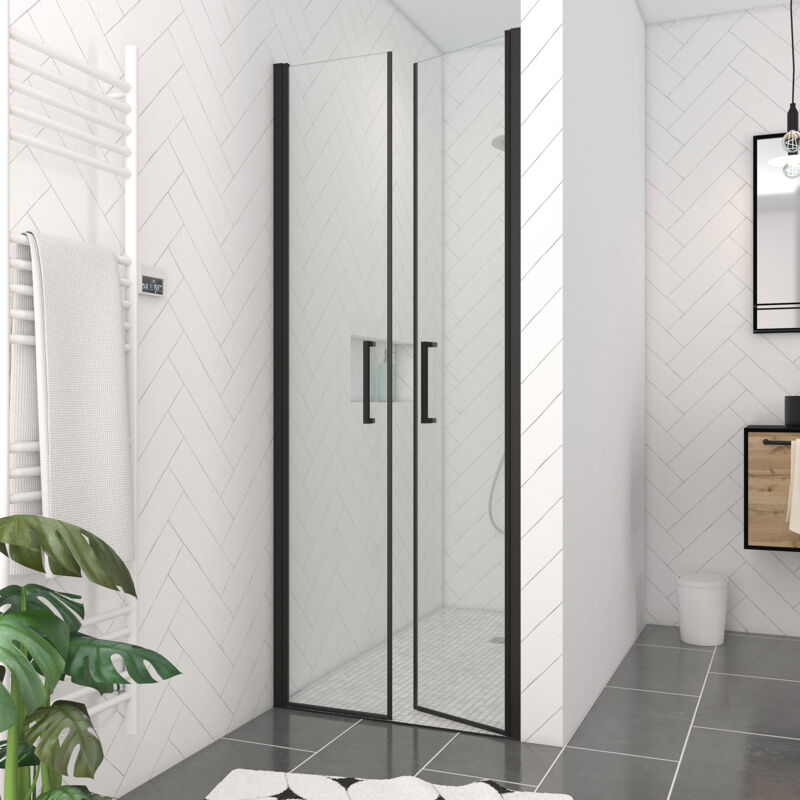 foto del prodotto porta doccia a doppia battente 90x200cm vetro temperato trasparente 6mm profilo nero opaco