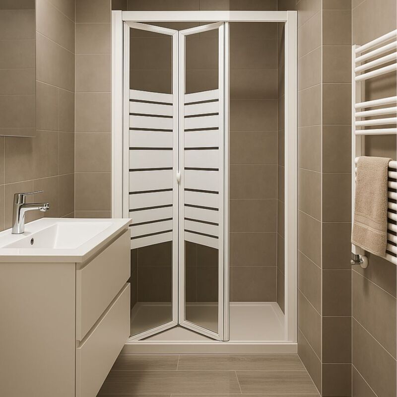 foto del prodotto porta doccia a soffietto book cristallo temprato profilo bianco bianco misure 76 80xh190cm serigrafato confezione 1