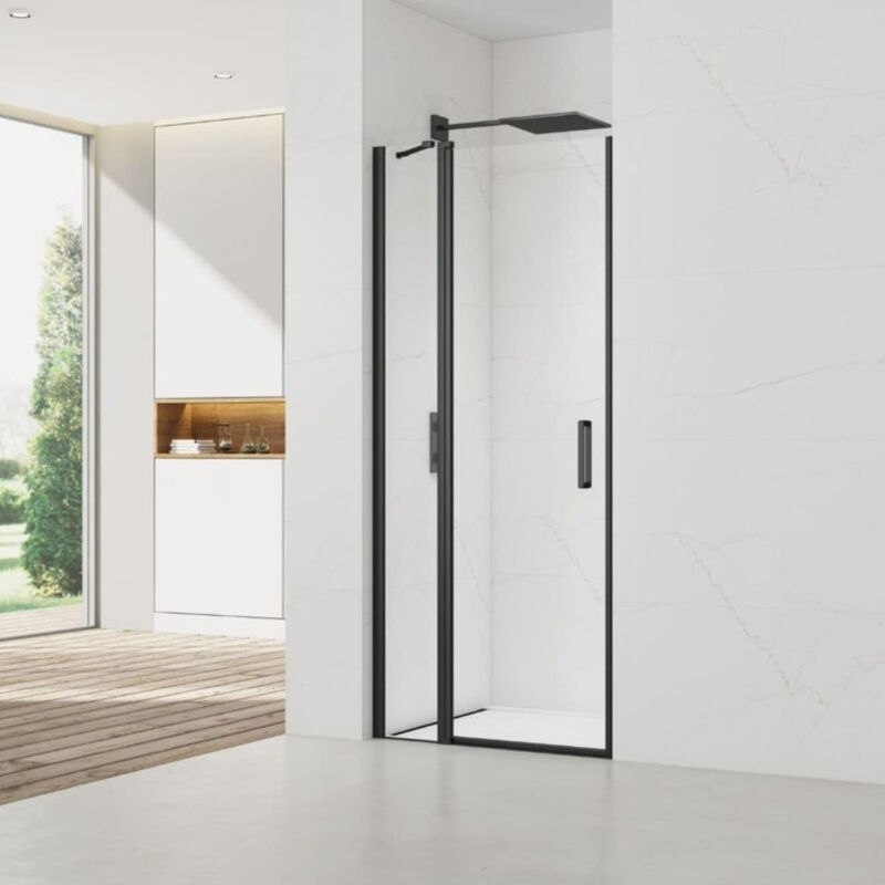 foto del prodotto porta doccia battente anticalcare fusion 90x196cm con profilo nero opaco satfudp90nikac swiss aqua technologies
