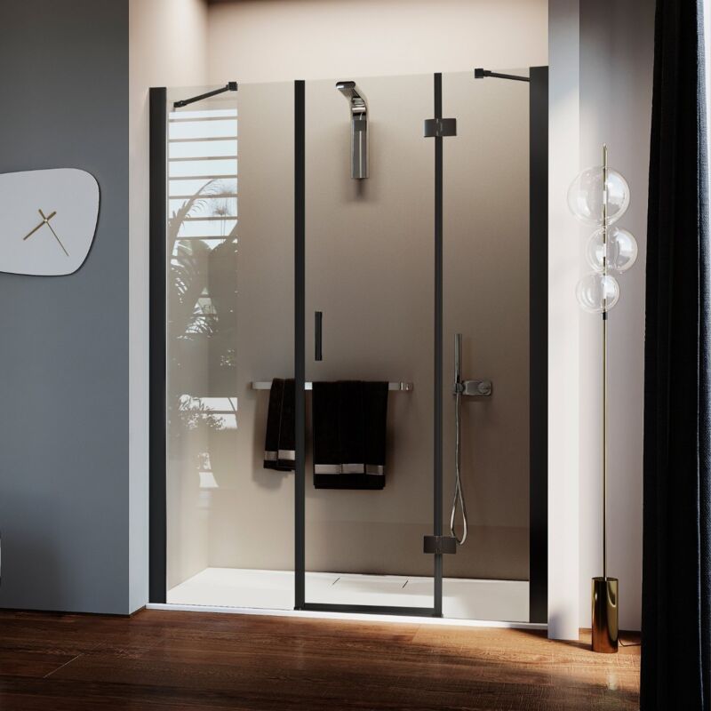 foto del prodotto porta doccia battente h 190 vetro trasparente mod. flip black anta fisso 145 cm