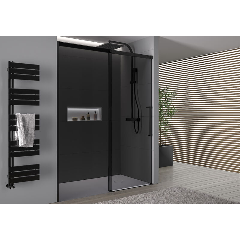 foto del prodotto porta doccia nicchia scorrevole dx906 flex nero opaco vetro grigio nano da 8 mm larghezza selezionabile 1100mm