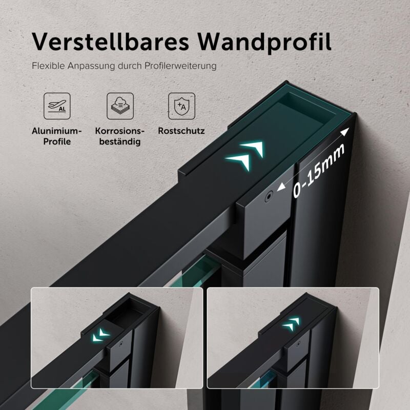 foto del prodotto porta doccia per nicchia 90x195cm in vetro temperato trasparente anticalcare con telaio nero opaco-rivestimento nano con meccanismo di sollevamento e