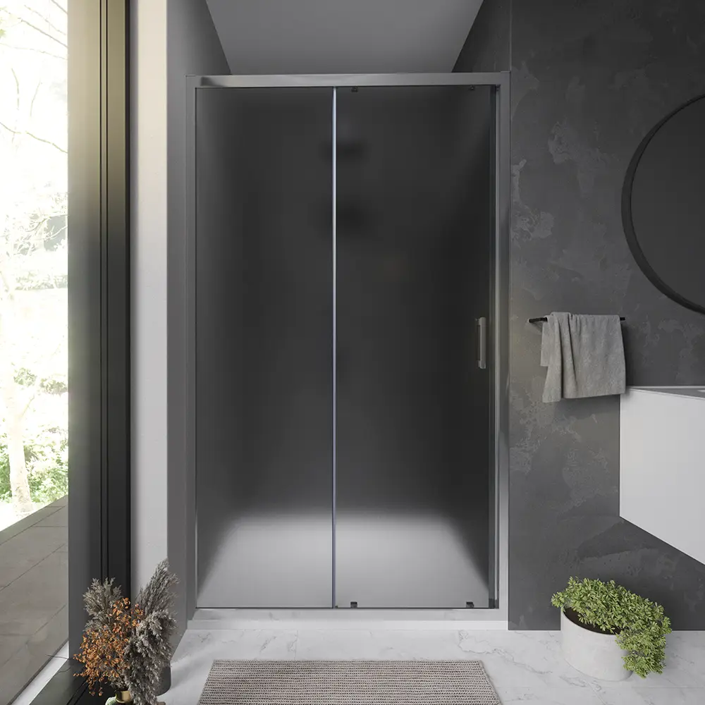 foto del prodotto porta doccia per nicchia scorrevole 100 cm profili in alluminio cromato vetro 6 mm opaco regolabile 97 101 cm h198 reversibile mod. tahiti