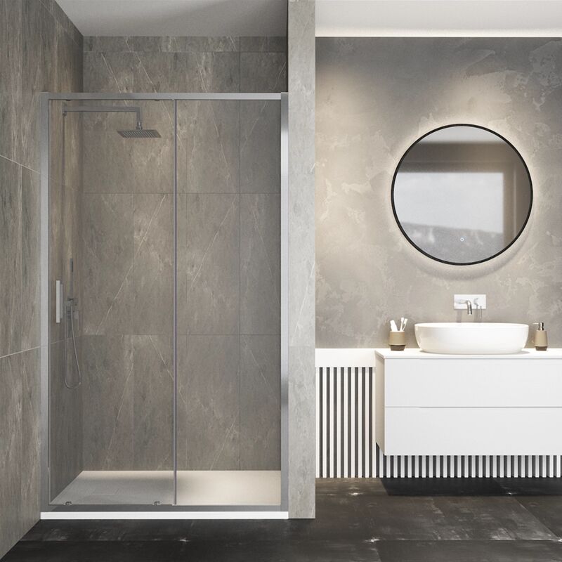 foto del prodotto porta doccia per nicchia scorrevole 130cm profili ultraslim in alluminio cromato vetro 6mm trasparente con trattamento anticalcare h195 mod. aruba