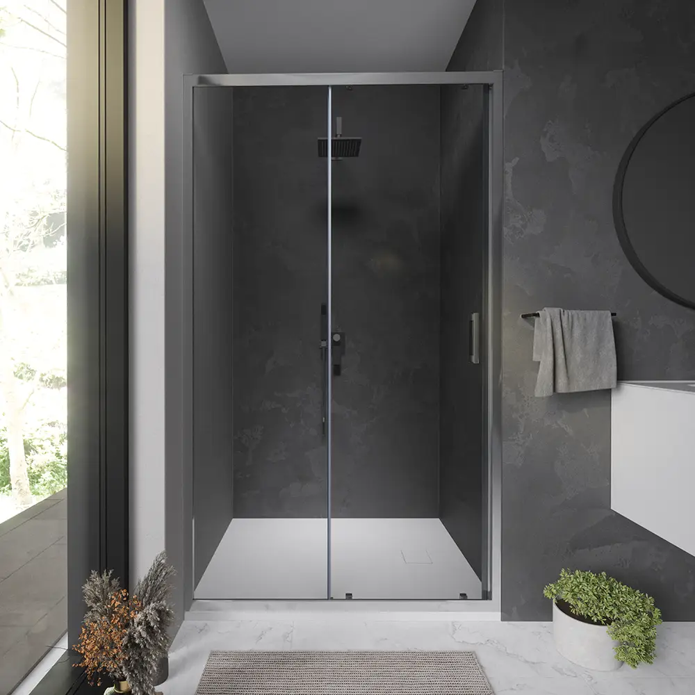 foto del prodotto porta doccia per nicchia scorrevole 150 cm profili in alluminio cromato vetro 6 mm opaco regolabile 147 151cm h198 reversibile mod. tahiti
