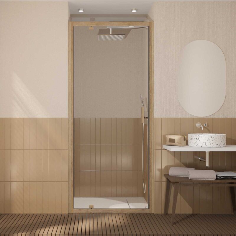 foto del prodotto porta doccia pivotante 90x200 cm profili in alluminio effetto legno vetro 6 mm wood crush