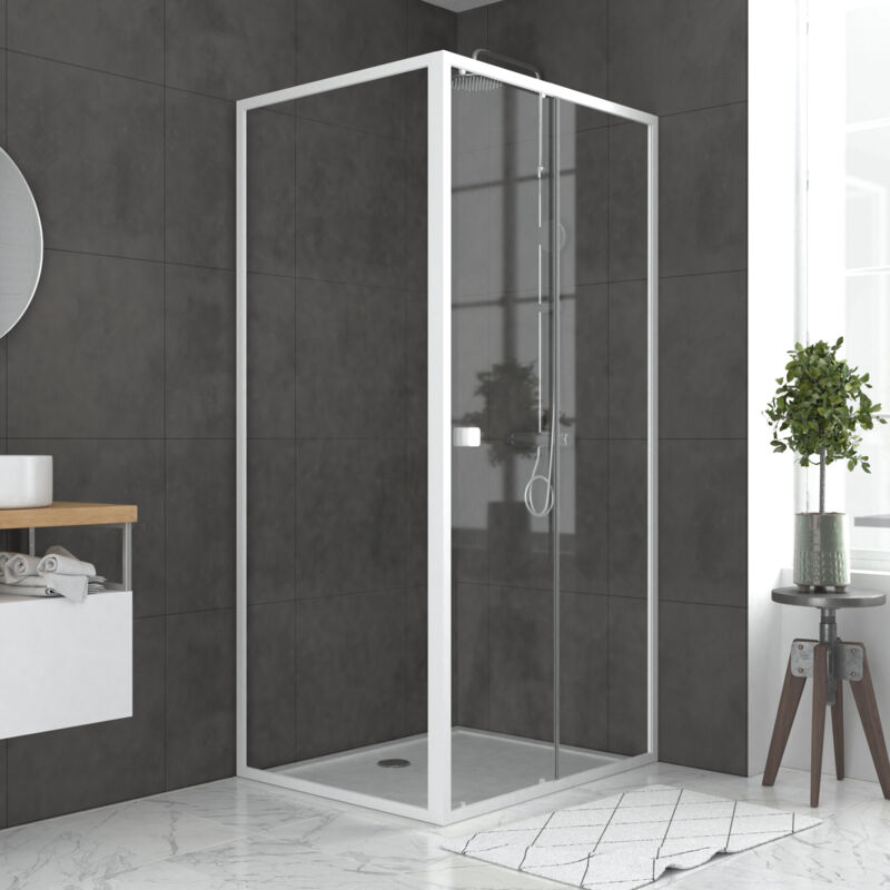 foto del prodotto porta doccia scorrevole bianca 100x185 cm + parete laterale fissa 80cm + piatto doccia da appoggiare - whity