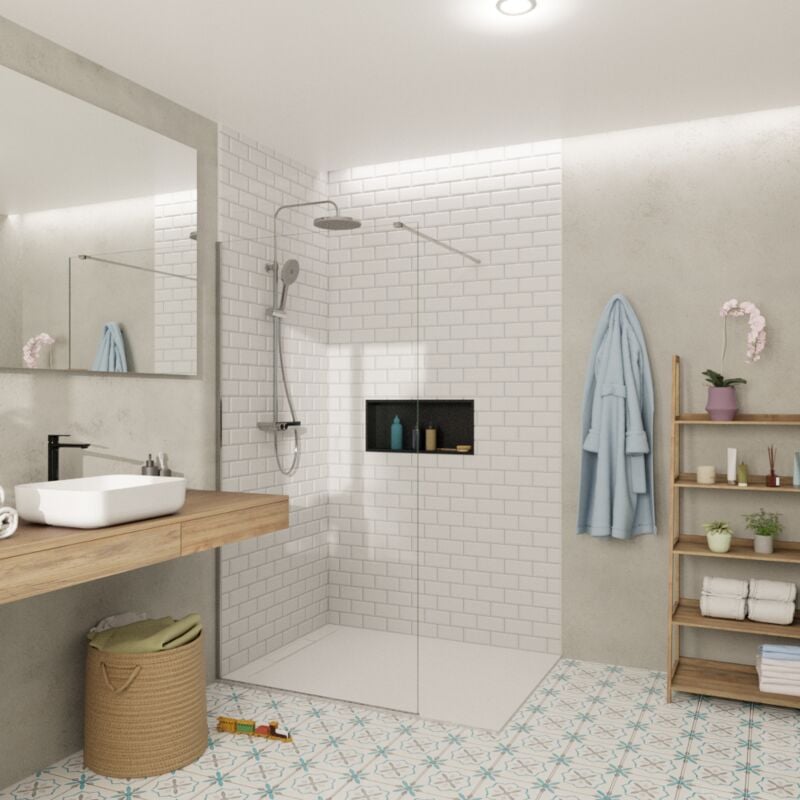 foto del prodotto porta doccia walk in parete in vetro 100x200cm 8 mm anticalcare crystal glass , con bracci e profili cromati lucidi satbwi100pr swiss aqua
