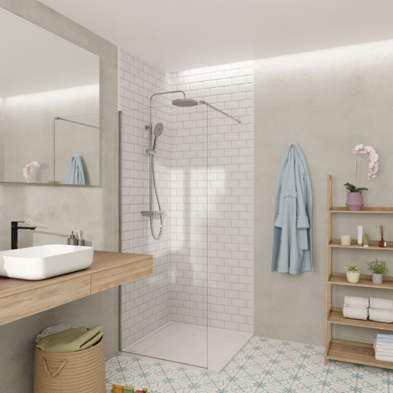 foto del prodotto porta doccia walk in parete in vetro 70x200cm 8 mm anticalcare crystal glass , con bracci e profili cromati lucidi satbwi70pr swiss aqua