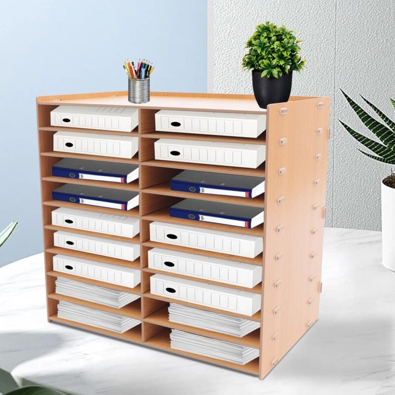 foto del prodotto porta documenti formato a4, 18 scomparti a 9 livelli, altezza regolabile, porta documenti in rovere 51,8 x 33 x 49 cm, per documenti, libri,