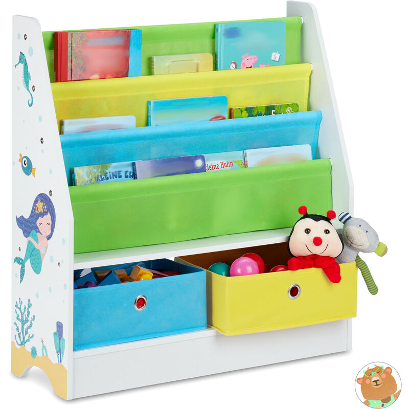 foto del prodotto porta giochi bambini, con motivi marini, 2 scatole, 3 scomparti, scaffale libreria, hlp 74x71x23 cm, colorato relaxdays
